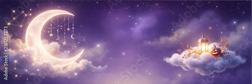 Dreamy fantasy landscape featuring a glowing crescent moon and a magical castle floating on fluffy purple clouds