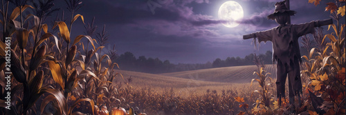 Halloween banner Eerie scarecrow standing in a dark cornfield under a bright full moon on a spooky autumn night