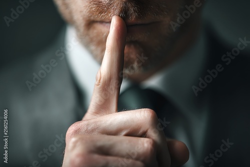 A man in a suit holds his finger to his lips, signaling for silence. The background is dark and moody, creating a sense of mystery and intrigue