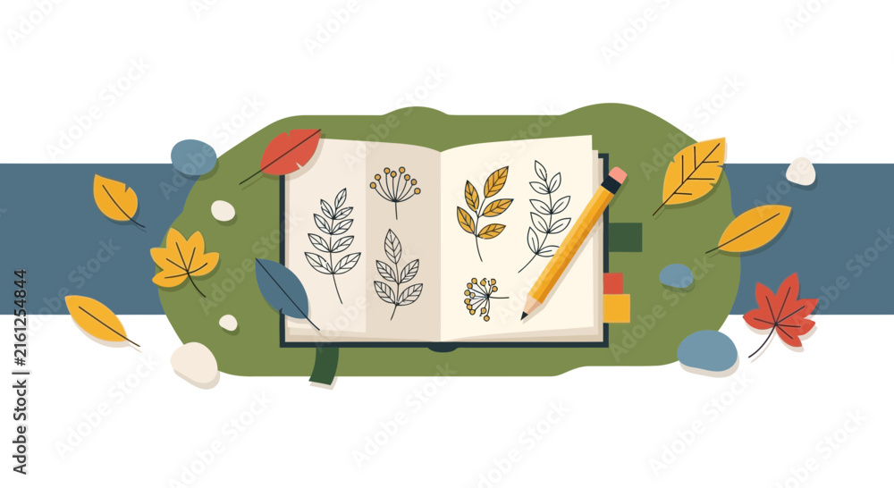 Naklejka premium Flat Botanical Nature Journal Illustration with Autumn Leaves and Pencil