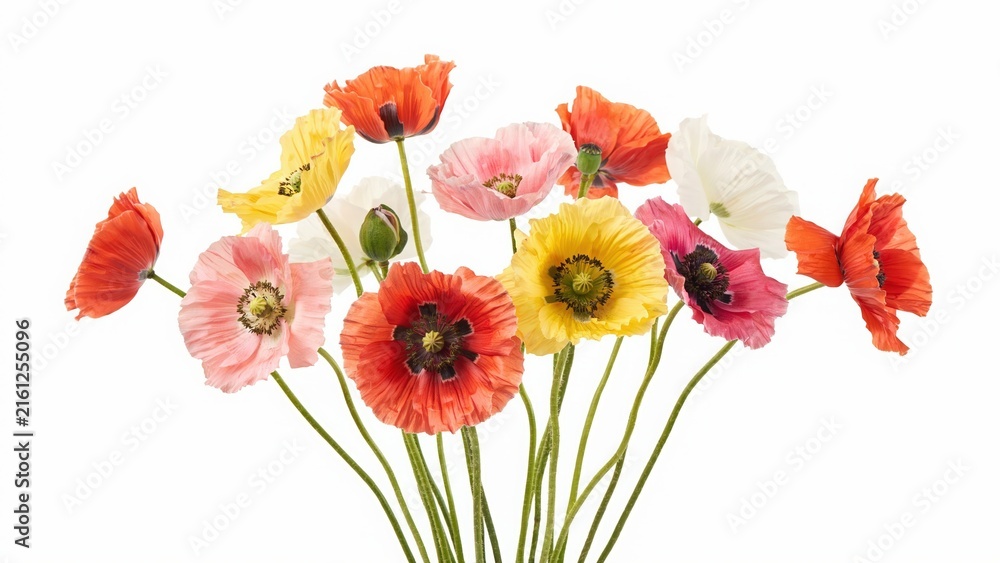 Obraz premium Colorful bouquet of spring poppy flowers isolated on white background with colorful blooming botanical isolated