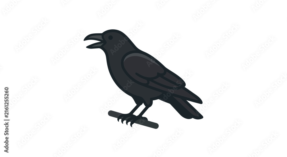 Naklejka premium Black raven perched on a wooden branch.