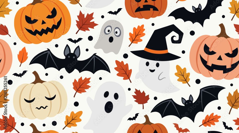 Fototapeta premium Cute Seamless Halloween Pattern with Pumpkins, Ghosts, and Bats