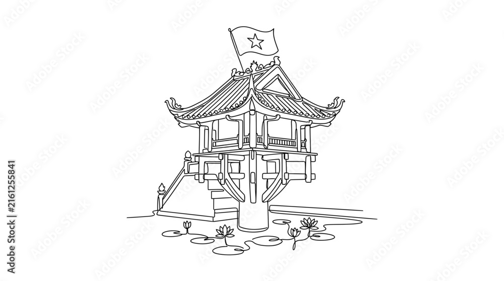 Fototapeta premium Continuous Line Drawing of Traditional Vietnamese Pagoda over Lotus Pond