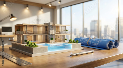 Miniature luxury modern villa architecture model with blueprints representing real estate development and housing design