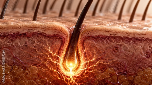 Anatomical hair follicle structure under skin surface with glowing energy for scalp treatment.