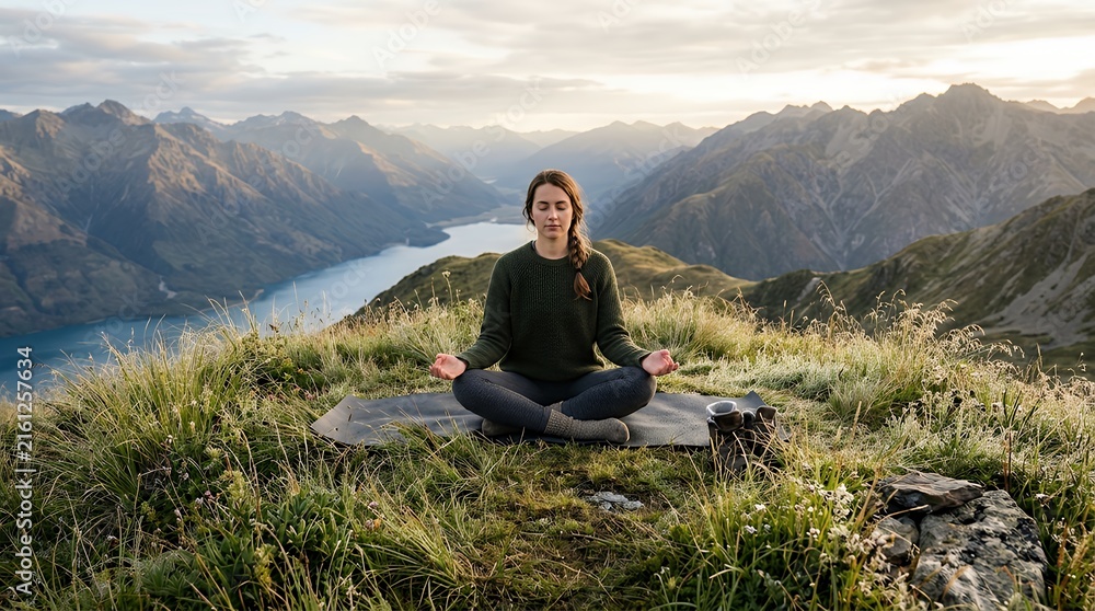 Fototapeta premium Serene Woman Practicing Yoga and Meditation on a High Mountain Peak Overlooking a Beautiful Blue Lake