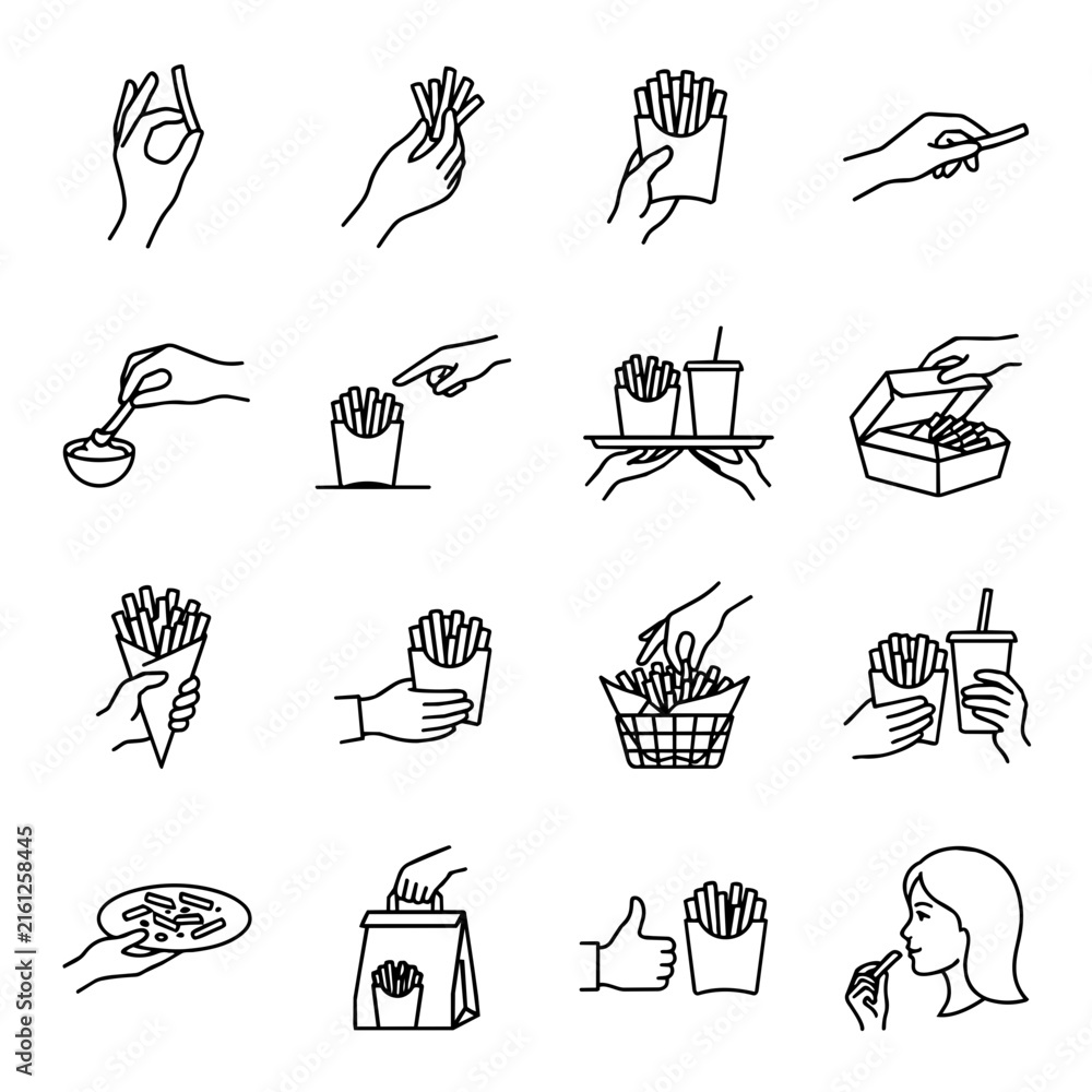 Fototapeta premium Hands Holding French Fries Fast Food Icon Set