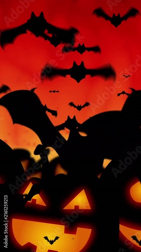 Animation of bats flying and pumpkins over fire