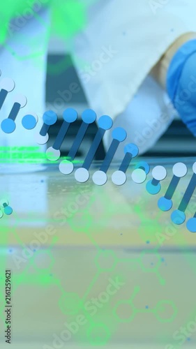 Animation of dna strand over scientist