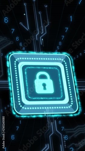 Animation of digital data processing and security padlock over black background