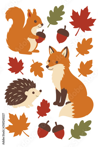 Cute Autumn Animals and Leaves Flat Vector Illustration