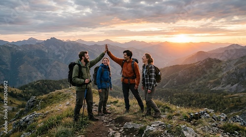 Group of four happy friends high fiving on top of a mountain peak during sunset after a long hike