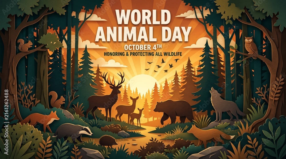 Naklejka premium Paper cut forest scene shows deer, bear, wolves and foxes at sunset for World Animal Day. Concept wildlife conservation for campaigns, posters and editorial use. Generative AI.