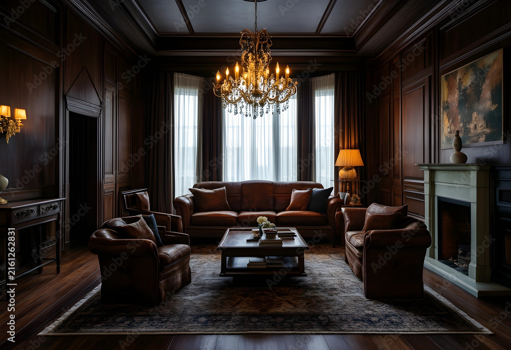 Fototapeta premium Luxury living room interior classic elegant design with dark wood paneling leather furniture and crystal chandelier