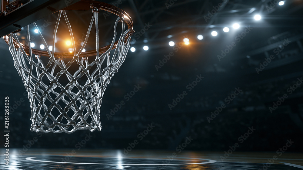 Fototapeta premium Basketball hoop net in dark stadium illuminated by bright arena lights for professional competitive sports event promotion.