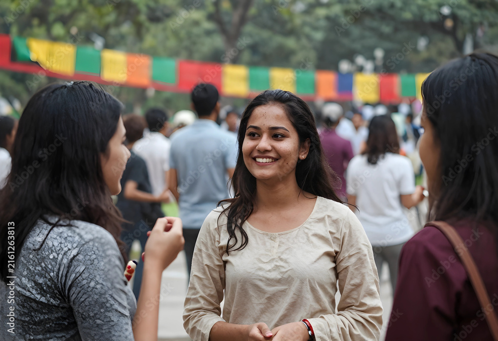 Obraz premium Youth community engagement and social interaction, young Indian women smiling and talking at an outdoor event