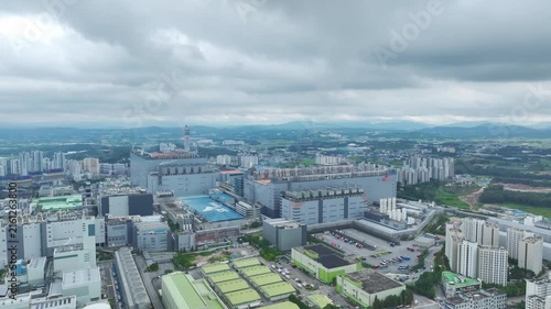 Aerial Drone View of Advanced Semiconductor Chip Manufacturing Plant and Industrial Complex in Icheon, South Korea