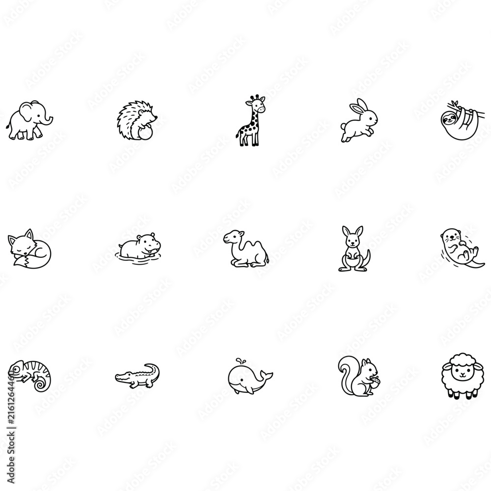 Naklejka premium Cute Animal Outline Icon Set – Elephant, Hedgehog, Giraffe, Rabbit and More