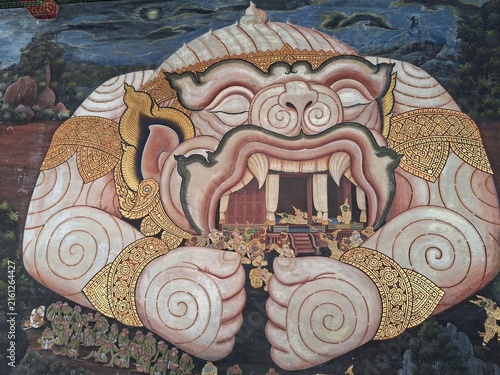 Quadro su tela Mural at Wat Phra Kaew depicting the monkey god Hanuman, in Bangkok, Thailand
