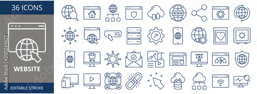 Web banner icon set featuring outline vector illustrations for concepts such as web design, website design, web development, website development, web pages, and landing pages.