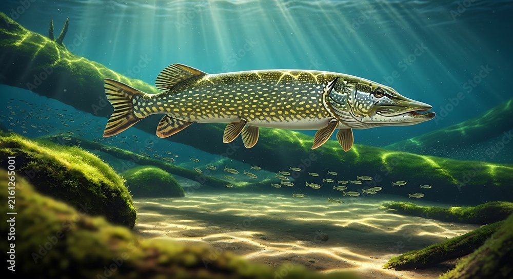 Fototapeta premium Northern pike swimming underwater in a freshwater river with sunlight