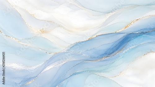Abstract fluid art background with flowing waves of pastel blue and white, accented with delicate golden lines resembling marble veins