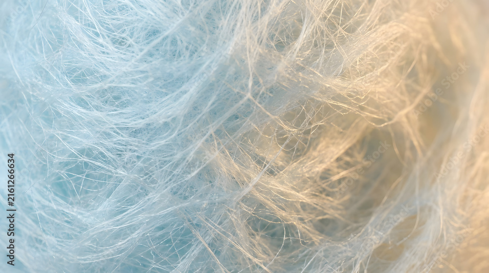 Obraz premium Soft blue cotton candy texture macro | Ethereal blue and gold fibrous background | Abstract pastel sugar candy close up | Whispy blue texture with golden light