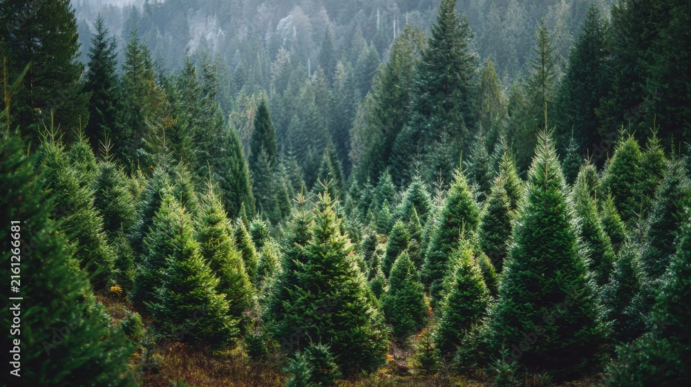 Fototapeta premium Lush christmas trees in a forest setting, symbolizing holiday spirit and nature. 