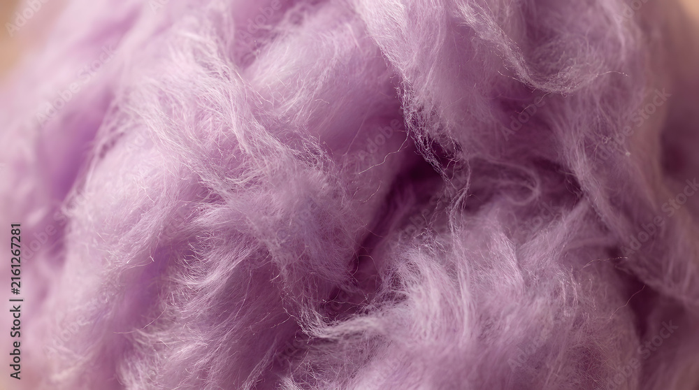 Fototapeta premium Macro purple cotton candy texture | Fluffy lilac candy floss background | Sweet pastel pink violet sugar spun | Soft dreamy fairground treat wallpaper