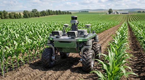 Autonomous agricultural robot monitoring corn crops in sunny farm field