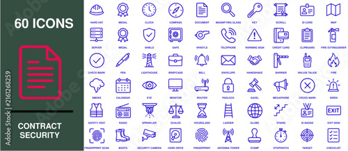 Security icons set features sixty purple vector line symbols for contract protection, surveillance, and legal services on a white background.