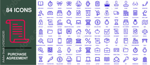 Purchase agreement icon set showcasing 84 linear vector symbols for legal contracts, financial deals, real estate, and business transactions.