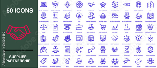 Supplier partnership line icon set including symbols for business agreement, collaboration, teamwork, and global trade.