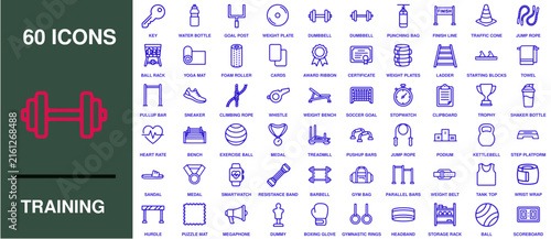 Training line icon set featuring fitness symbols for workout routines, athletic equipment, body building, and gym exercise.