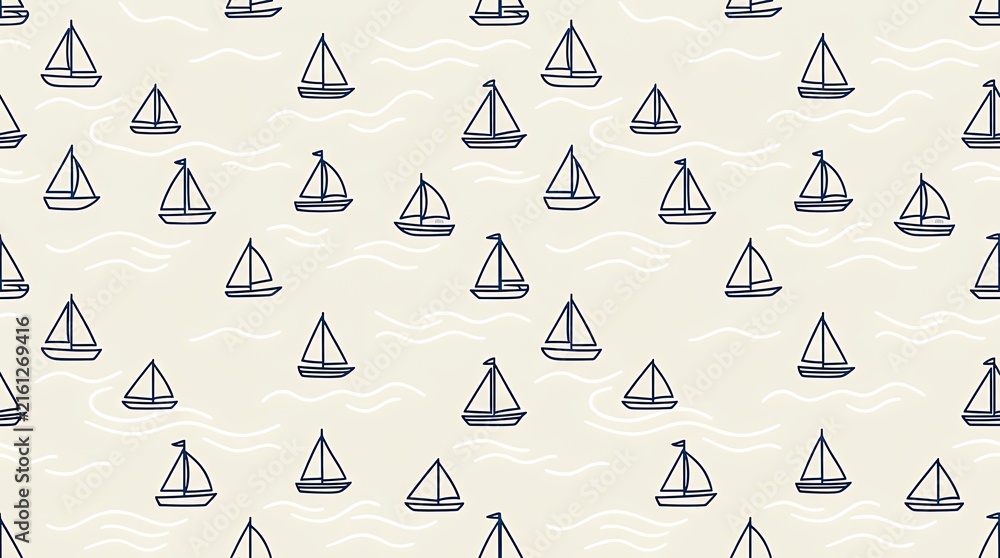 Continuous repeating nautical pattern featuring small minimalist vessels and gentle sea ripples over a clean backdrop seamless pattern boat toy wave ocean sea background nautical white kids textile