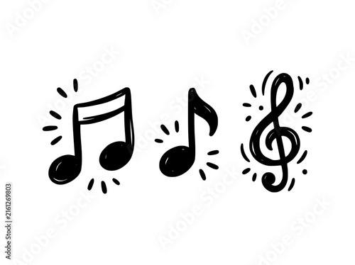 Hand-drawn music notes vector set, black ink musical symbols and treble clef, doodle style sound icons for creative design