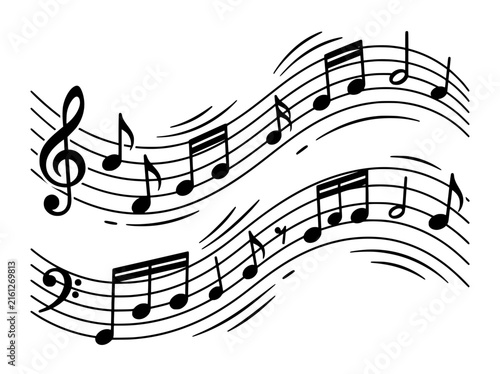 Musical notes on wavy staff lines, black melody symbols vector illustration, rhythmic sheet music background for concert posters