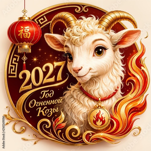 Cute cartoon goat representing 2027 Year of the Fire Goat celebration  