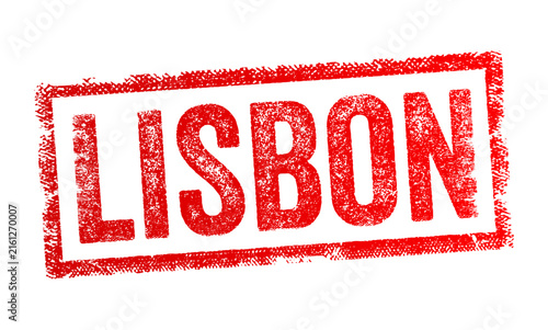 LISBON vintage grunge rubber stamp featuring distressed capital letters inside a textured rectangular border for travel themes.