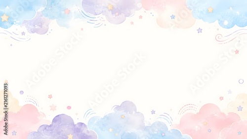Cute watercolor baby clouds and stars background, isolated on white background