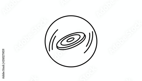 Minimalist black line drawing of a spinning disc or flying saucer inside a circle shown on a clean white background.