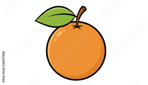 Fresh orange fruit illustration with a green leaf on stem isolated on white background representing healthy diet.
