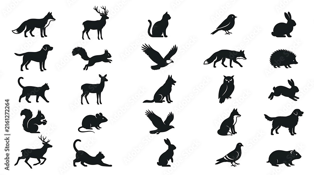 Fototapeta premium A diverse collection of various wild and domestic animal silhouettes featuring mammals birds and forest creatures in minimalist black graphic style