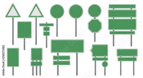 Collection Of Blank Green Traffic Road Signs For Information And Direction