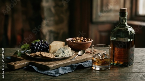 Glass of Whiskey with Ice, Bottle, Cheese Platter, Grapes and Nuts on a Rustic Wooden Table at Night