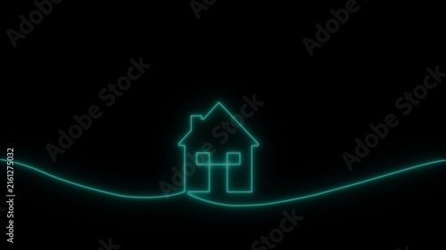 Neon House Outline Glowing  Blue on Black Background. Neon glowing house icon with hundred percent icon animation on black background. Credit percentage symbol.