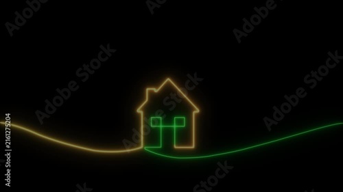 Neon House Outline Glowing  Blue on Black Background. Real estate icon animation. home icon Glowing neon home icon, shiny symbol. homepage neon light icon. House, home building.