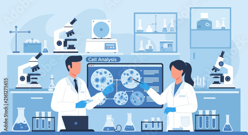 Scientists Analyze Cells on Screen in Lab, Technology, Science Concept