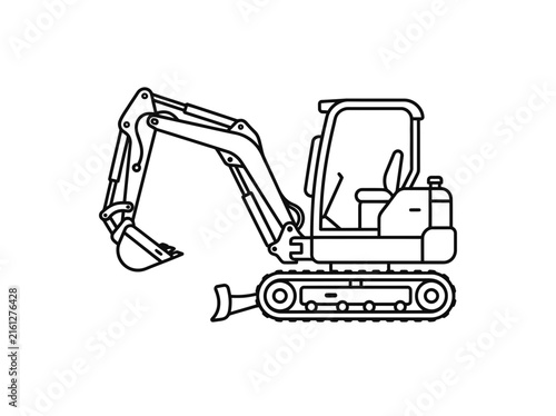 Hydraulic mini excavator construction vehicle line drawing.